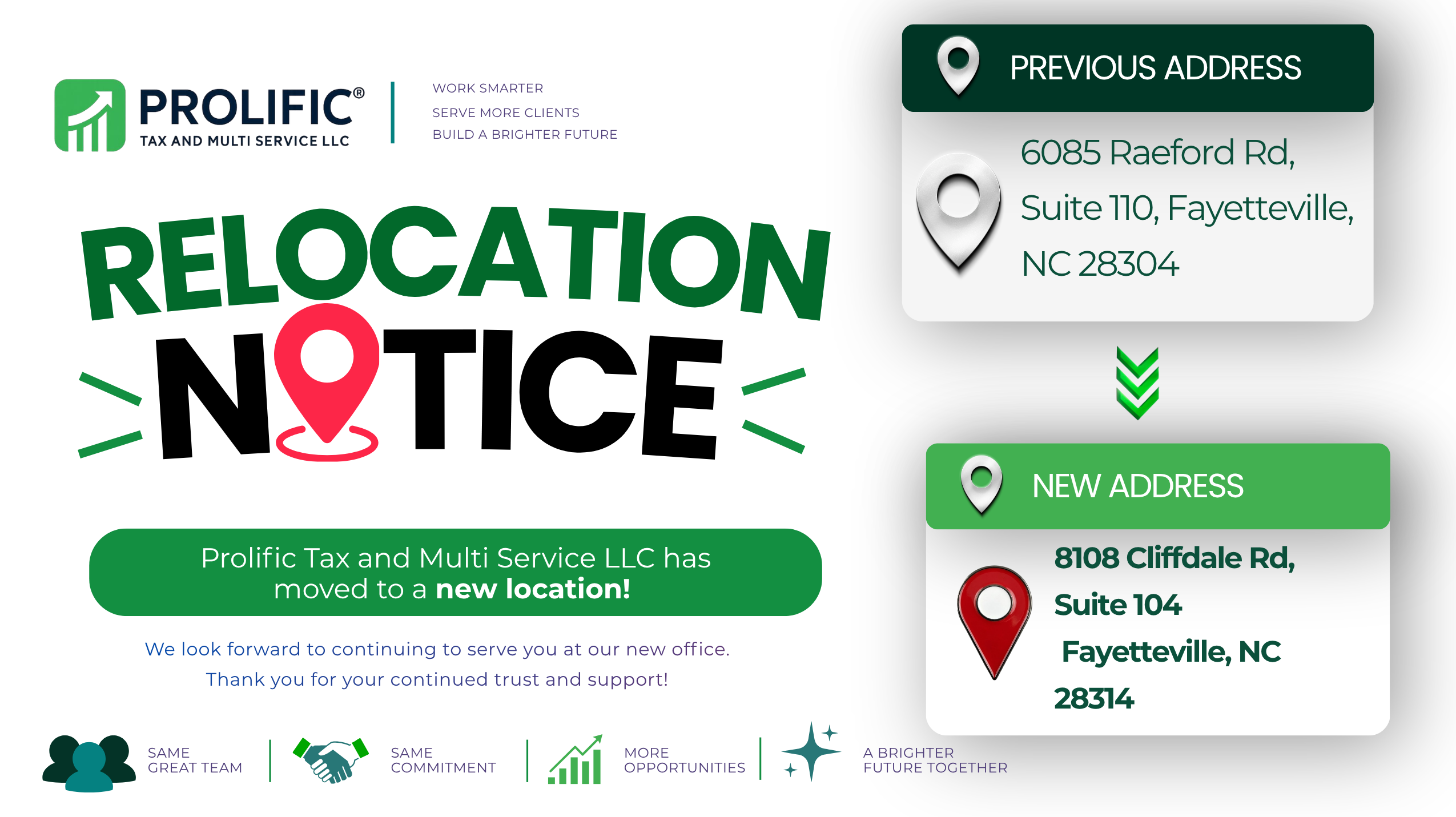 Relocation Notice: Prolific Tax and Multi-Service LLC has moved from 6085 Raeford Rd, Suite 110, Fayetteville, NC 28304 to our new address at 8108 Cliffdale Rd, Suite 104, Fayetteville, NC 28314. Same great team, same commitment, more opportunities.